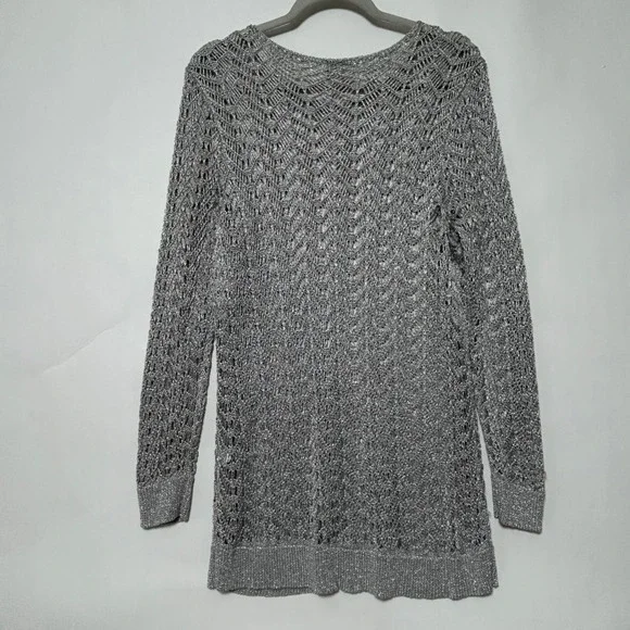 Chico's Metallic Open Knit Top Womens 3 Silver Crochet Tunic Glam Beach Cover Up - Picture 3 of 11